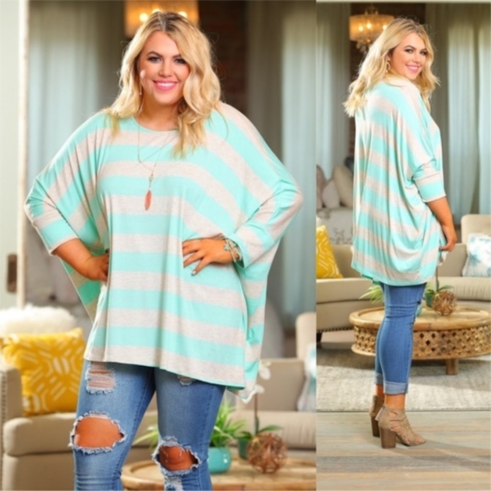 PLUS Mint/Oatmeal Striped Dolman Top